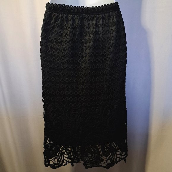 MOLLY BRACKEN NWT LACE Skirt Sz Medium ELASTIC WAIST lined OFFICE FORMAL BLACK - Picture 2 of 13